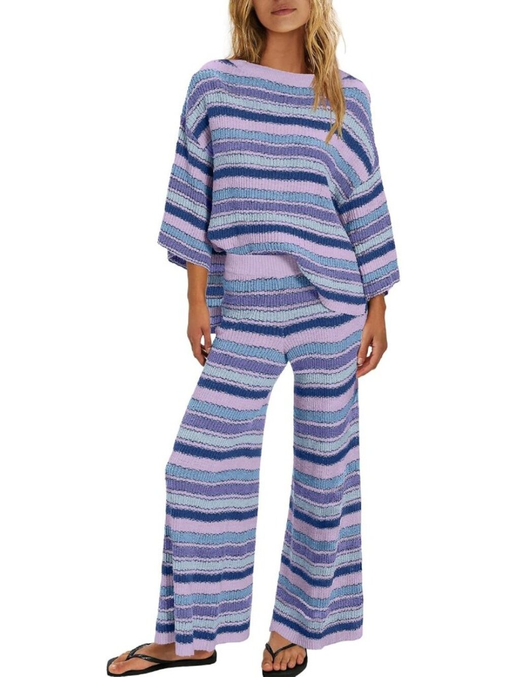 Oversized Striped 2-Piece Sweater & Wide Leg Pants Set with Pockets - Casual